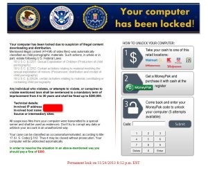 Between Dec. 31, 2014 and Jan. 5, 2015, The Huffington Post and several major websites displayed malware-laced advertisements that infected computers and locked them down. Infected computers got this scary-looking message. It's a ransomware scam. Credit:	Courtesy Cyphort